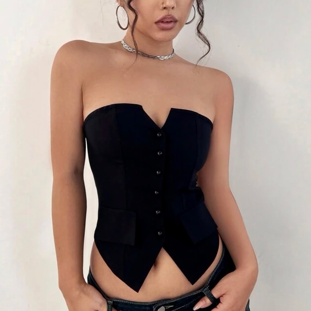 Black button front strapless tube top - Picture 3 of 3